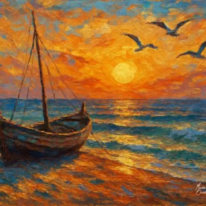 Paisaje marino embarcación y atardecer