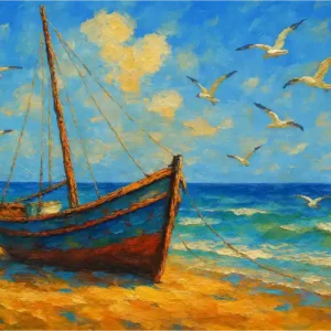 Paisaje marino embarcación y aves