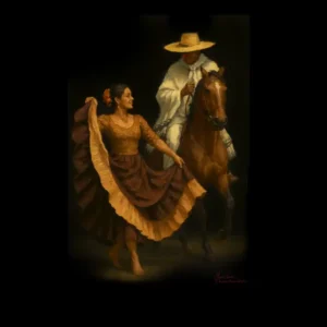 Mujer bailando marinera con caballo